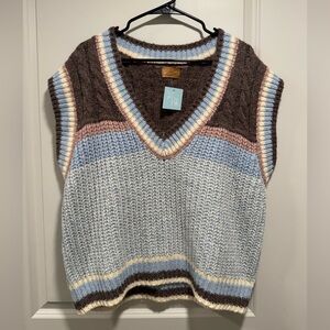 POL V-Neck Sweater Vest in Brown, Blue, Pink, and Cream